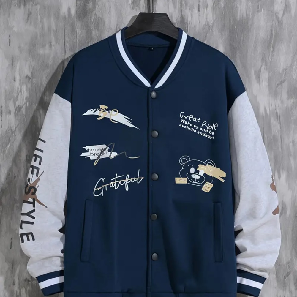 Men Letter Print Varsity Baseball Jacket